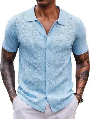 COOFANDY Mens Knit Button Down Shirts Short Sleeve Vintage Polo Shirt Casual Vacation Beach Shirts