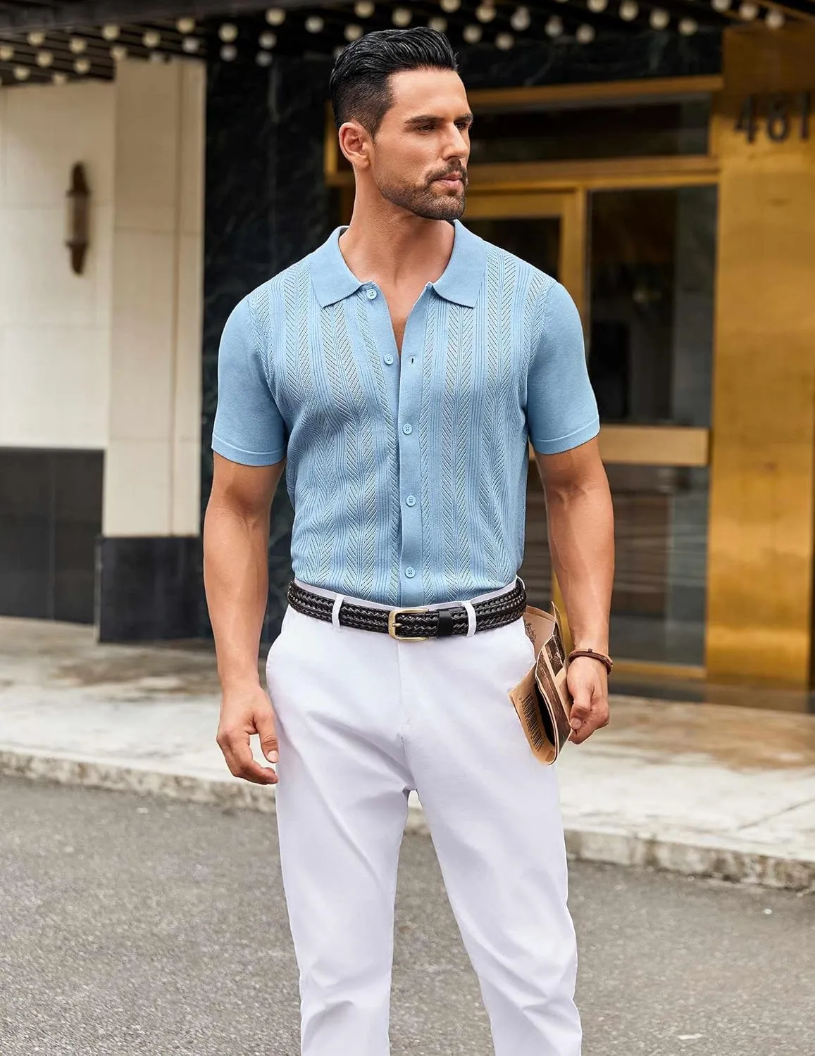 COOFANDY Mens Knit Button Down Shirts Short Sleeve Vintage Polo Shirt Casual Vacation Beach Shirts