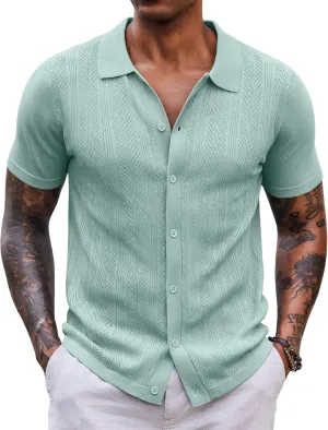 COOFANDY Mens Knit Button Down Shirts Short Sleeve Vintage Polo Shirt Casual Vacation Beach Shirts