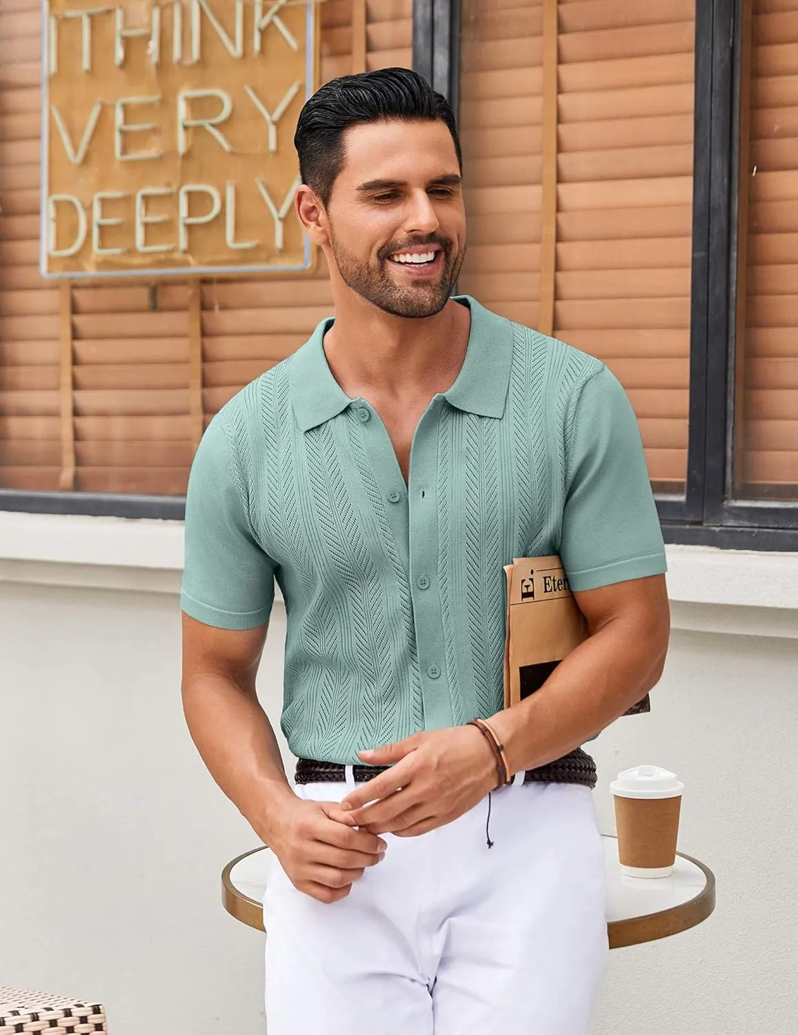 COOFANDY Mens Knit Button Down Shirts Short Sleeve Vintage Polo Shirt Casual Vacation Beach Shirts