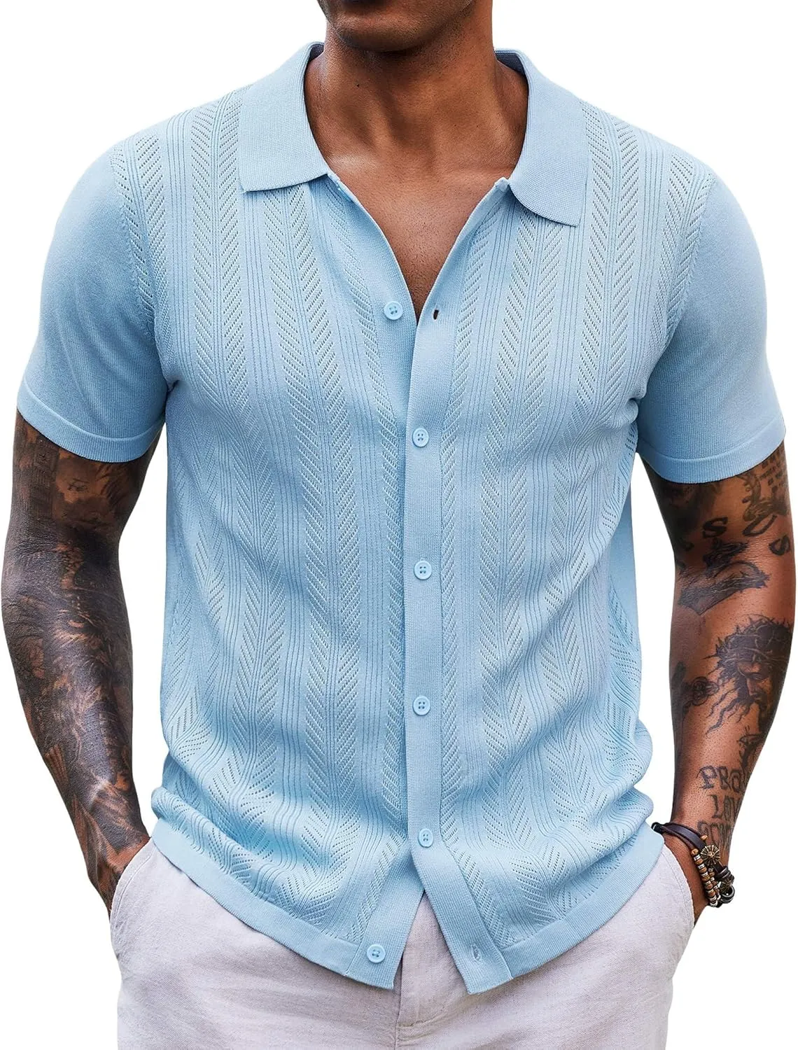 COOFANDY Mens Knit Button Down Shirts Short Sleeve Vintage Polo Shirt Casual Vacation Beach Shirts