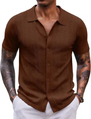 COOFANDY Mens Knit Button Down Shirts Short Sleeve Vintage Polo Shirt Casual Vacation Beach Shirts