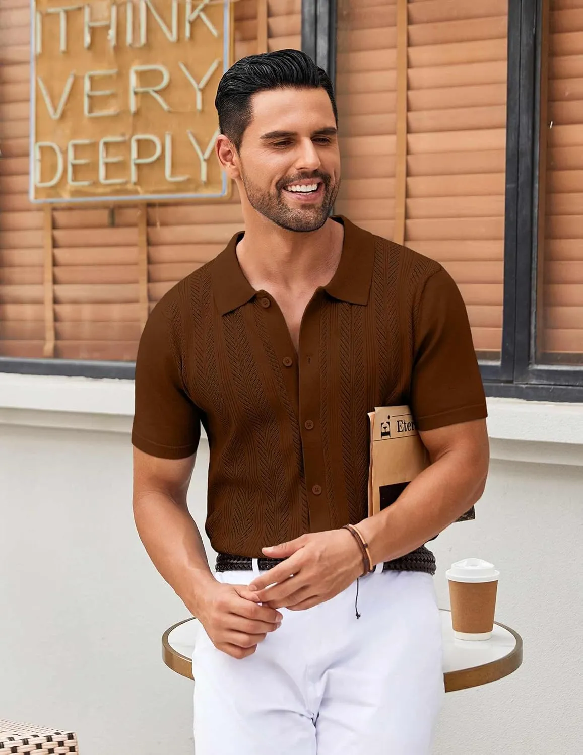 COOFANDY Mens Knit Button Down Shirts Short Sleeve Vintage Polo Shirt Casual Vacation Beach Shirts