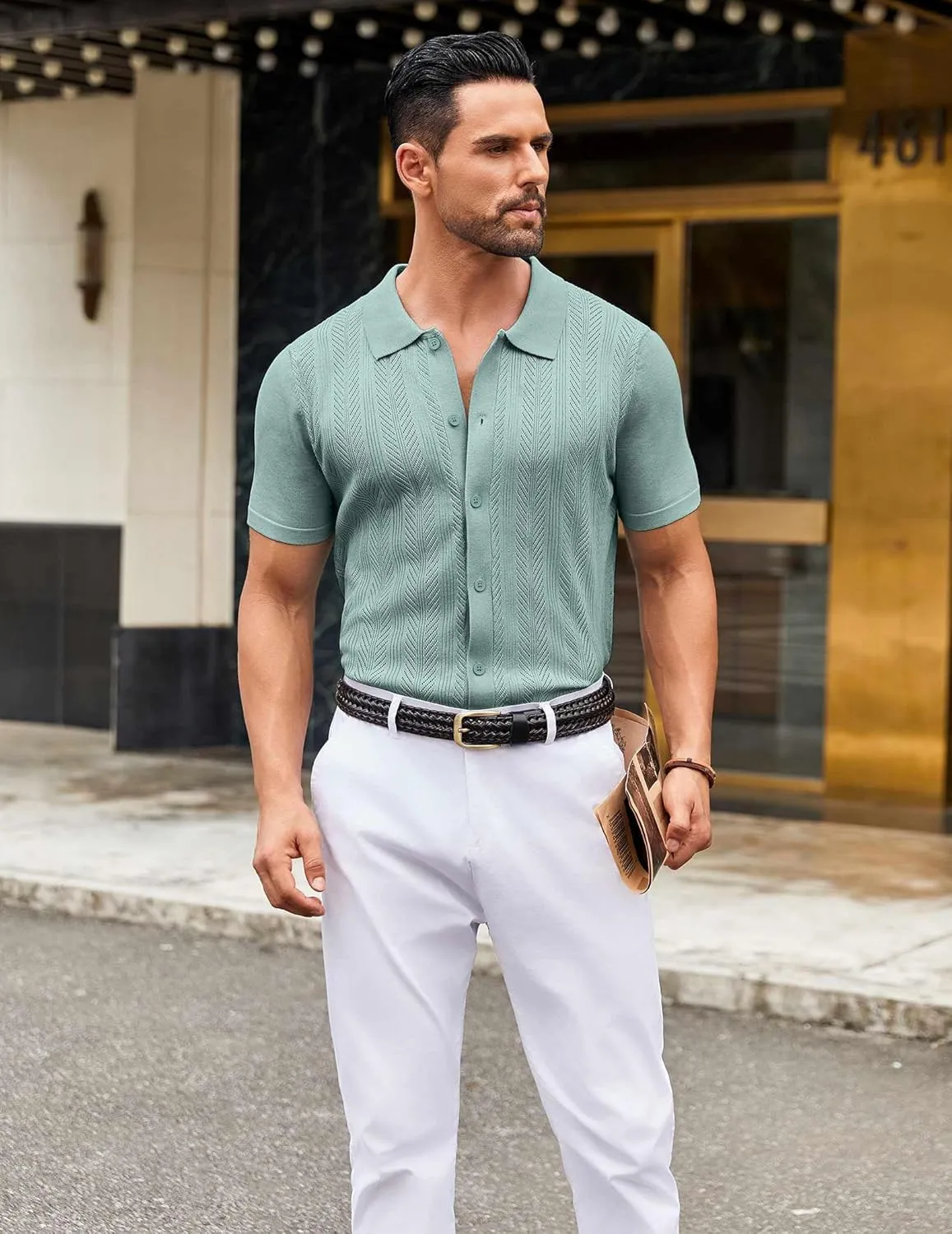 COOFANDY Mens Knit Button Down Shirts Short Sleeve Vintage Polo Shirt Casual Vacation Beach Shirts