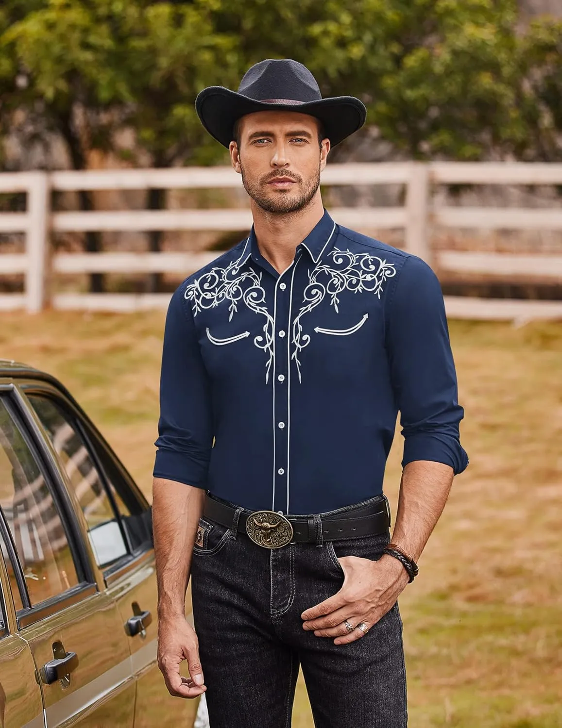 COOFANDY Men's Western Cowboy Shirts Long Sleeve Embroidered Shirt Slim Fit Casual Button Down Shirts