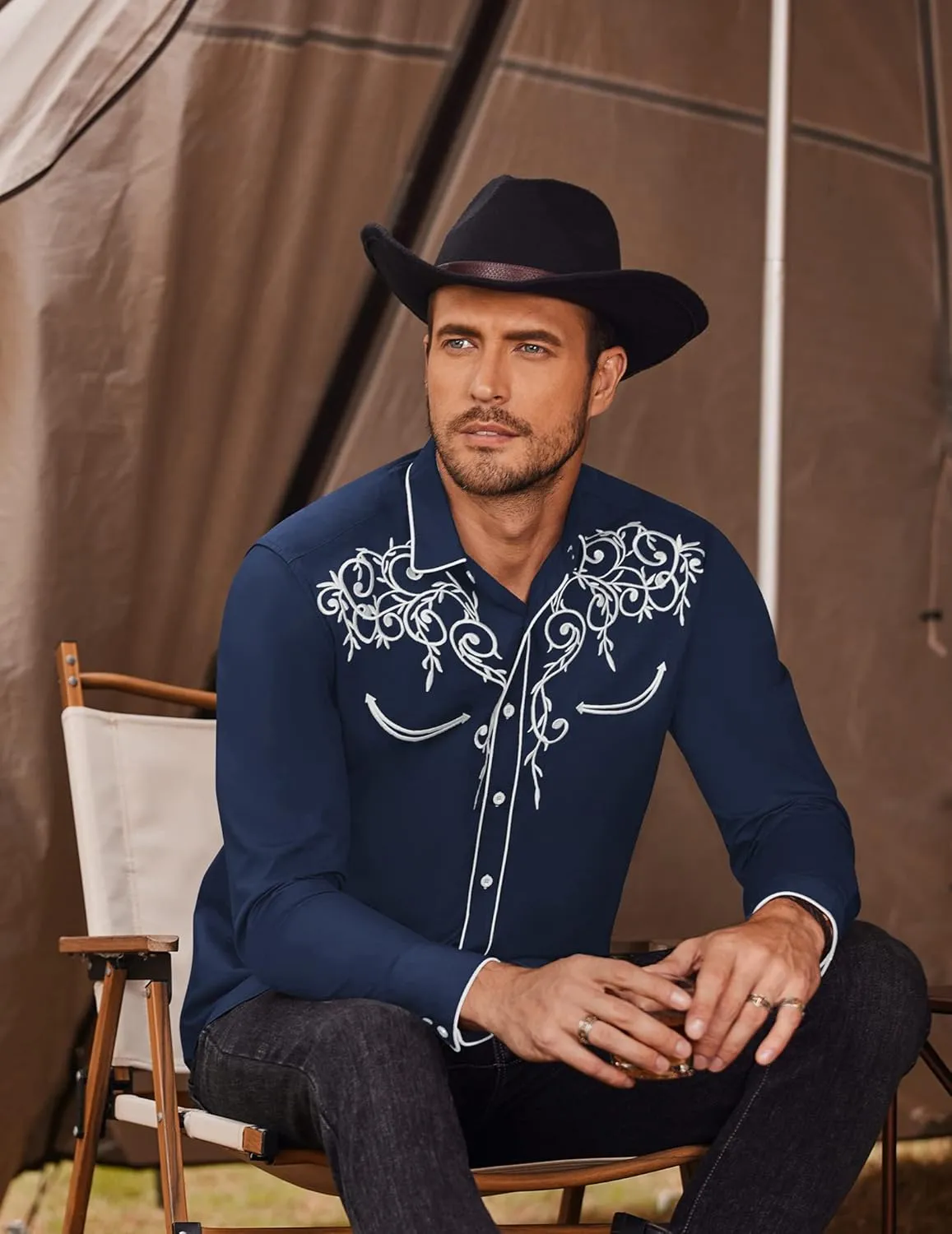 COOFANDY Men's Western Cowboy Shirts Long Sleeve Embroidered Shirt Slim Fit Casual Button Down Shirts