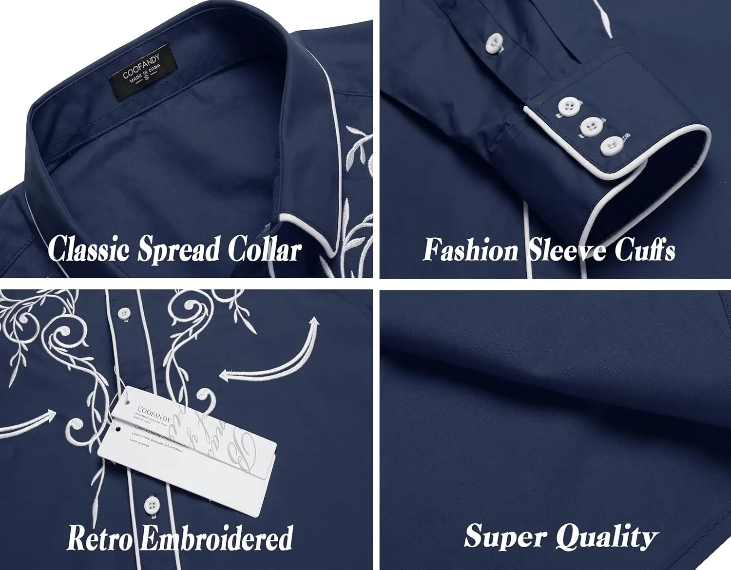 COOFANDY Men's Western Cowboy Shirts Long Sleeve Embroidered Shirt Slim Fit Casual Button Down Shirts