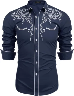 COOFANDY Men's Western Cowboy Shirts Long Sleeve Embroidered Shirt Slim Fit Casual Button Down Shirts
