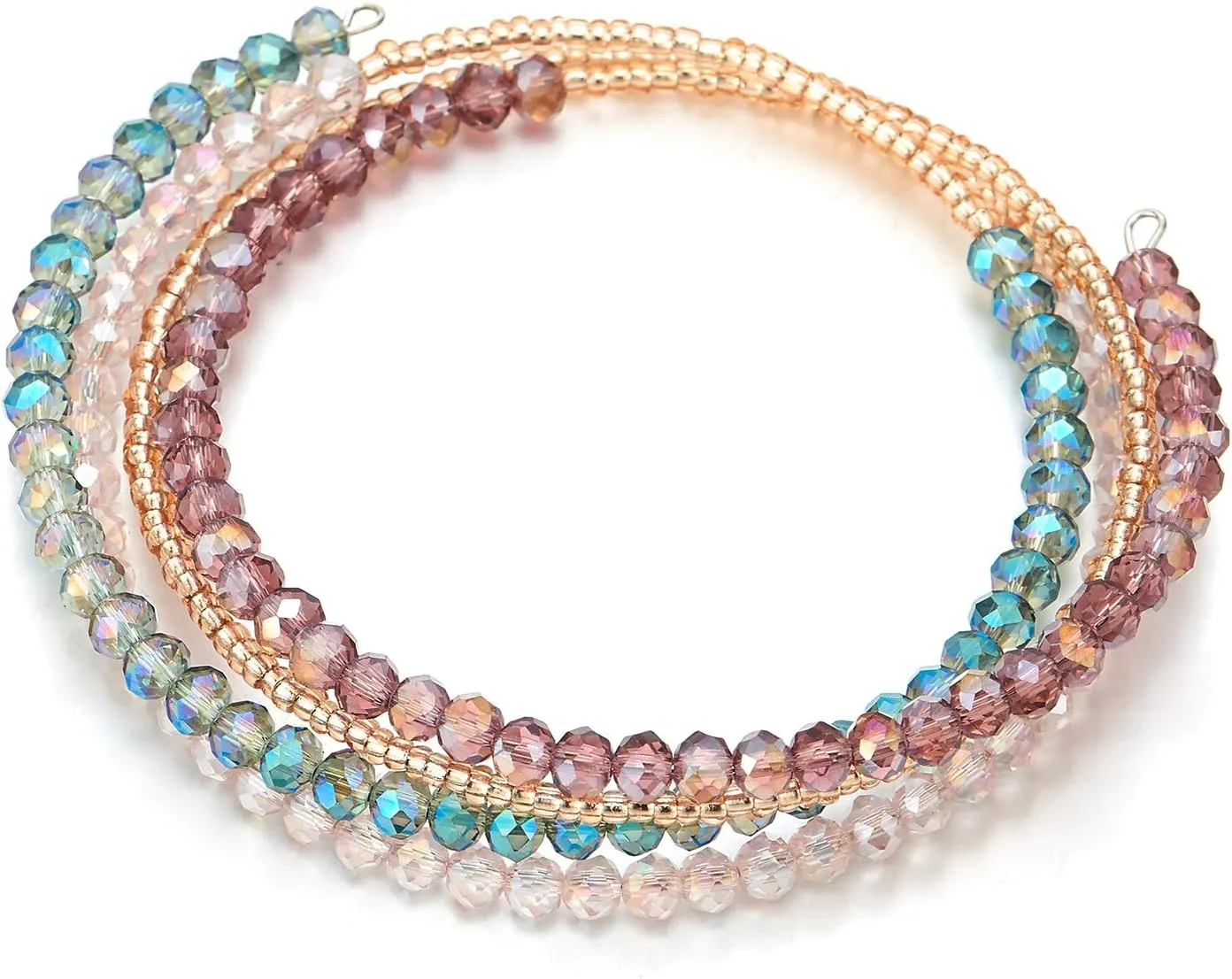 COOLSTEELANDBEYOND Multi-Wrap Stackable Beaded Wire Bracelets Champagne Gold Beads with Pale Blue Purple Pink Crystal