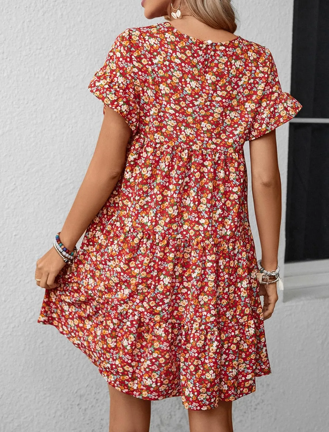 CORIRESHA Women's Summer Floral Print Ruffle Short Sleeves Crewneck Casual Babydoll Mini Dress
