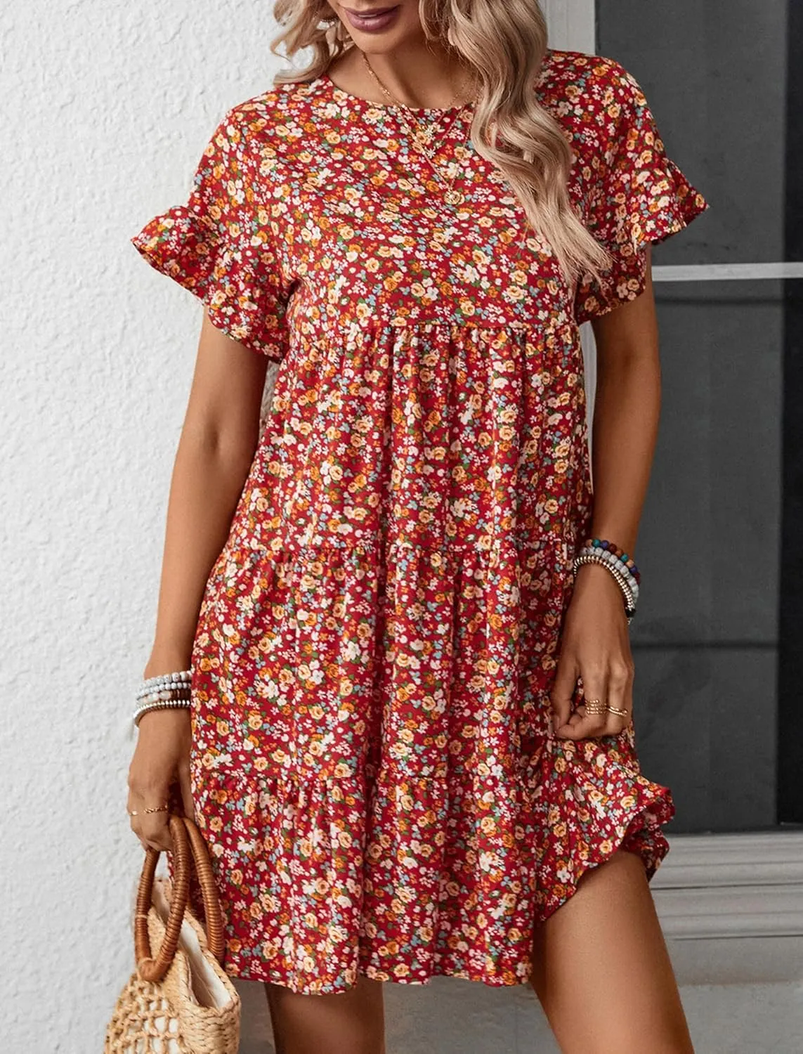CORIRESHA Women's Summer Floral Print Ruffle Short Sleeves Crewneck Casual Babydoll Mini Dress