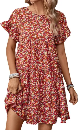 CORIRESHA Women's Summer Floral Print Ruffle Short Sleeves Crewneck Casual Babydoll Mini Dress