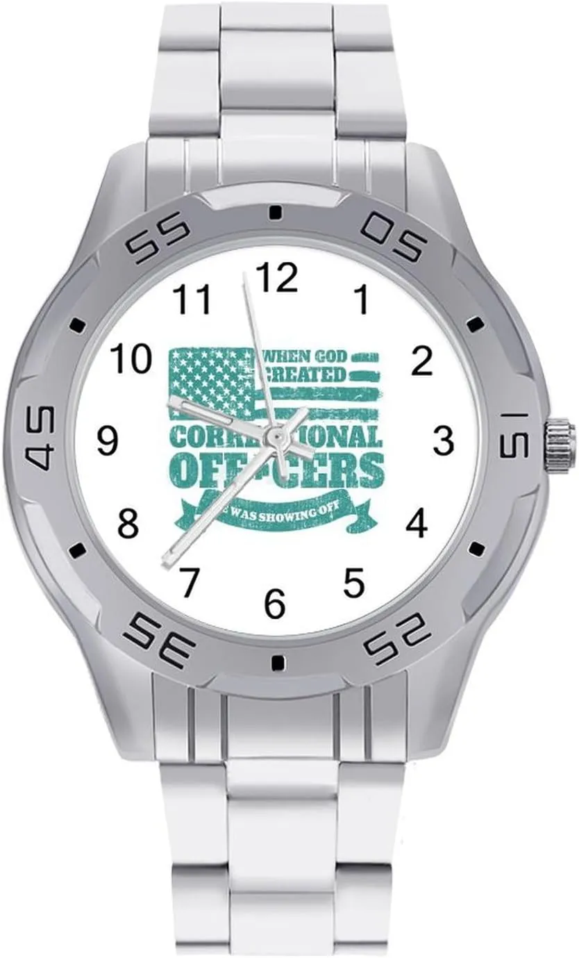 Correctional Officer Flag Classic Wrist Watches for Men Casual Business Dress Watch with Stainless Steel Band Work Party