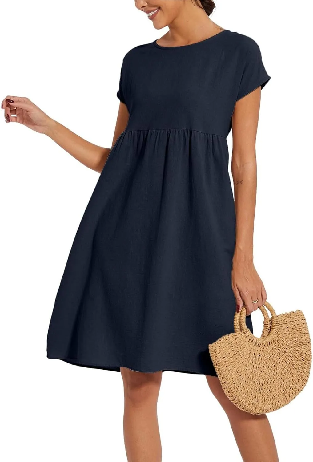 Cotton Linen Dresses for Women 2024 Casual High Waisted Pleated Short Sleeves Midi Dress Loose Pockets Beach Sundress