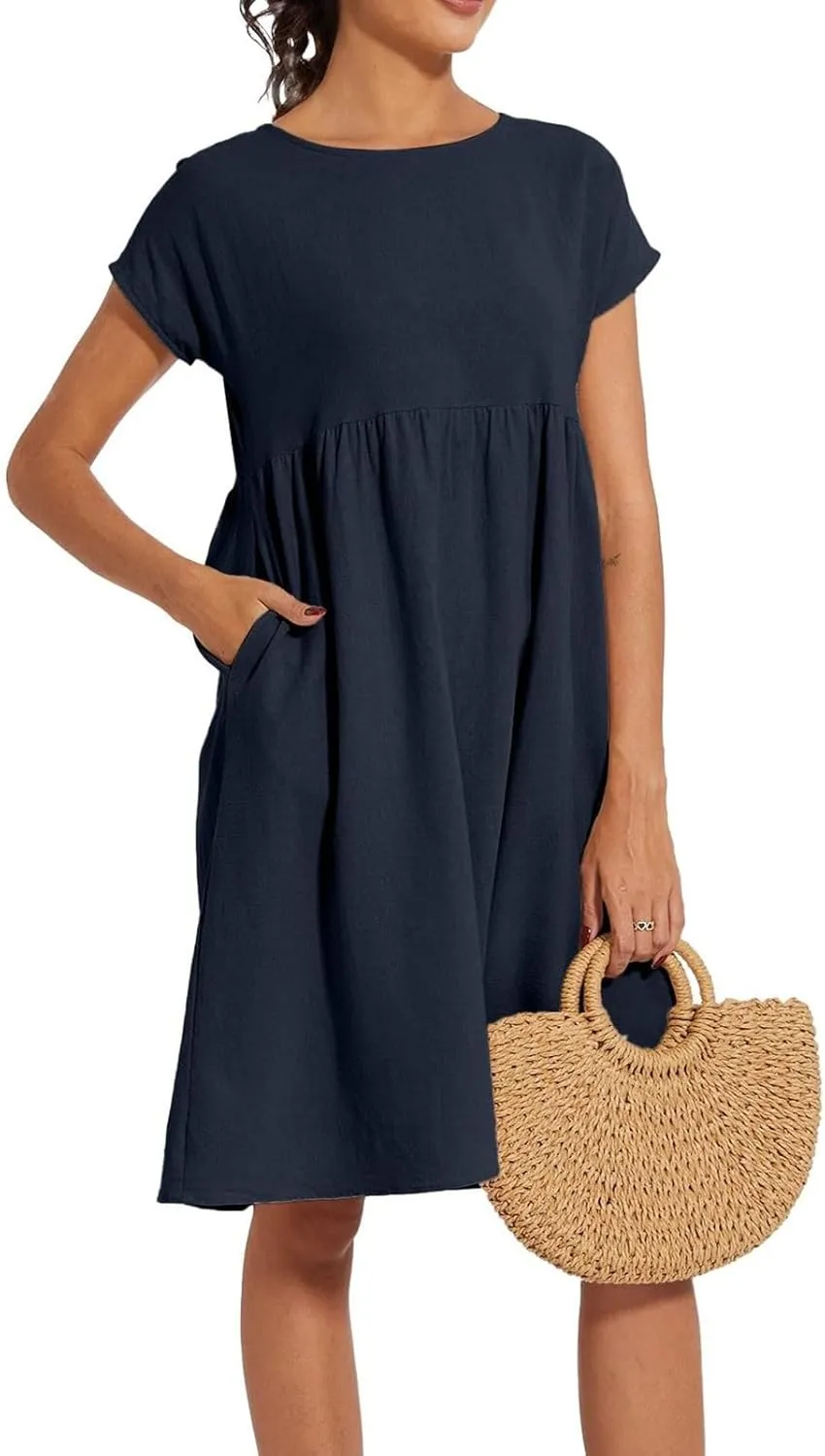 Cotton Linen Dresses for Women 2024 Casual High Waisted Pleated Short Sleeves Midi Dress Loose Pockets Beach Sundress
