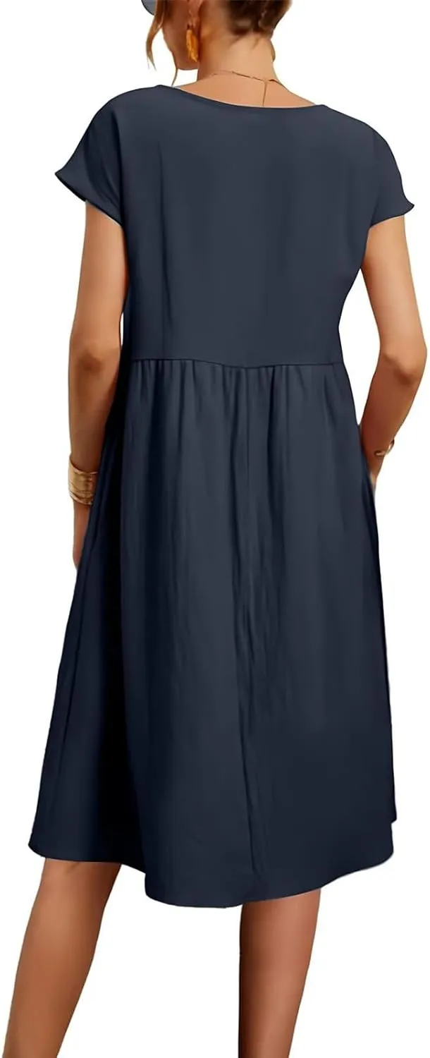 Cotton Linen Dresses for Women 2024 Casual High Waisted Pleated Short Sleeves Midi Dress Loose Pockets Beach Sundress