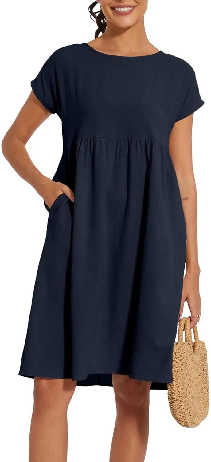 Cotton Linen Dresses for Women 2024 Casual High Waisted Pleated Short Sleeves Midi Dress Loose Pockets Beach Sundress