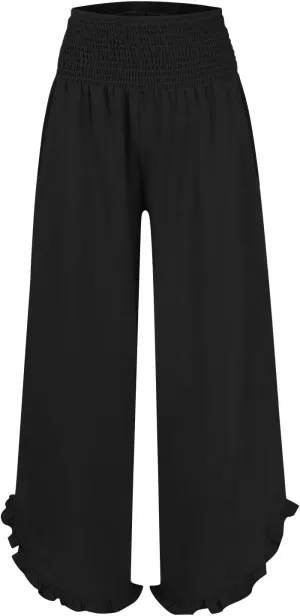 Cotton Linen Pants for Women 2025 Wide Leg Ruffle Hem Elastic High Waist Palazzo Long Pant Flowy Hem Lounge Trousers