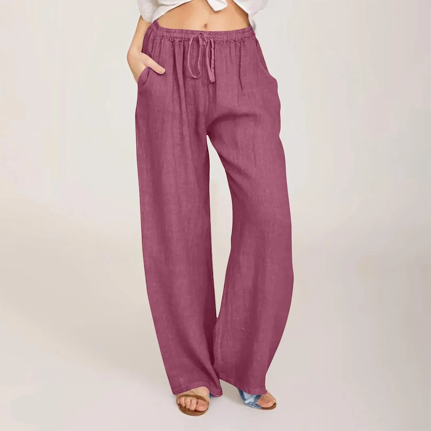 Cotton Linen Pants for Women Lightweight High Waisted Pants Tie Knot Wide Leg Pants Summer Lounge Pants with Pockets