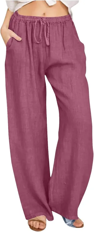 Cotton Linen Pants for Women Lightweight High Waisted Pants Tie Knot Wide Leg Pants Summer Lounge Pants with Pockets