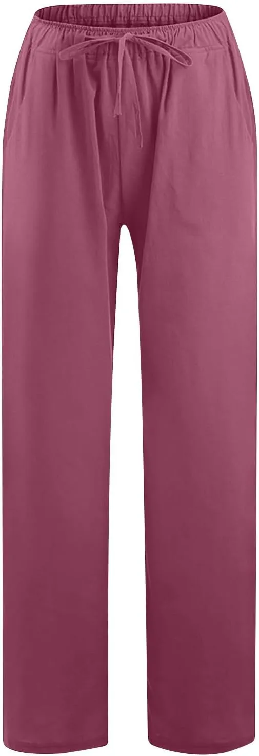 Cotton Linen Pants for Women Lightweight High Waisted Pants Tie Knot Wide Leg Pants Summer Lounge Pants with Pockets