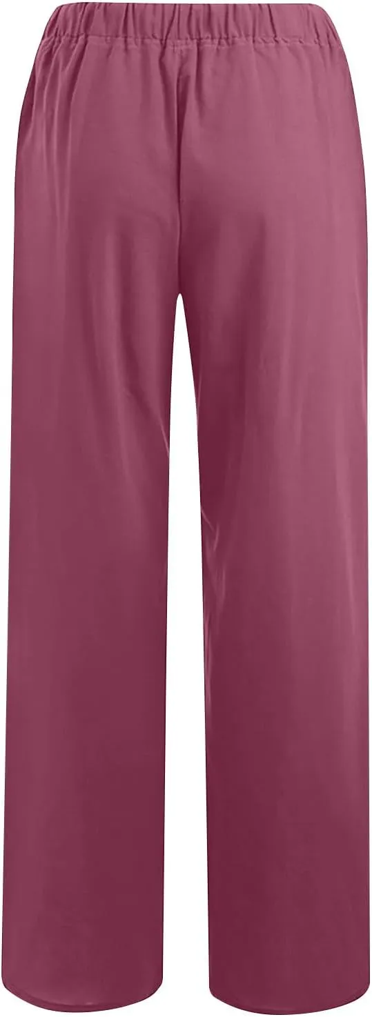 Cotton Linen Pants for Women Lightweight High Waisted Pants Tie Knot Wide Leg Pants Summer Lounge Pants with Pockets