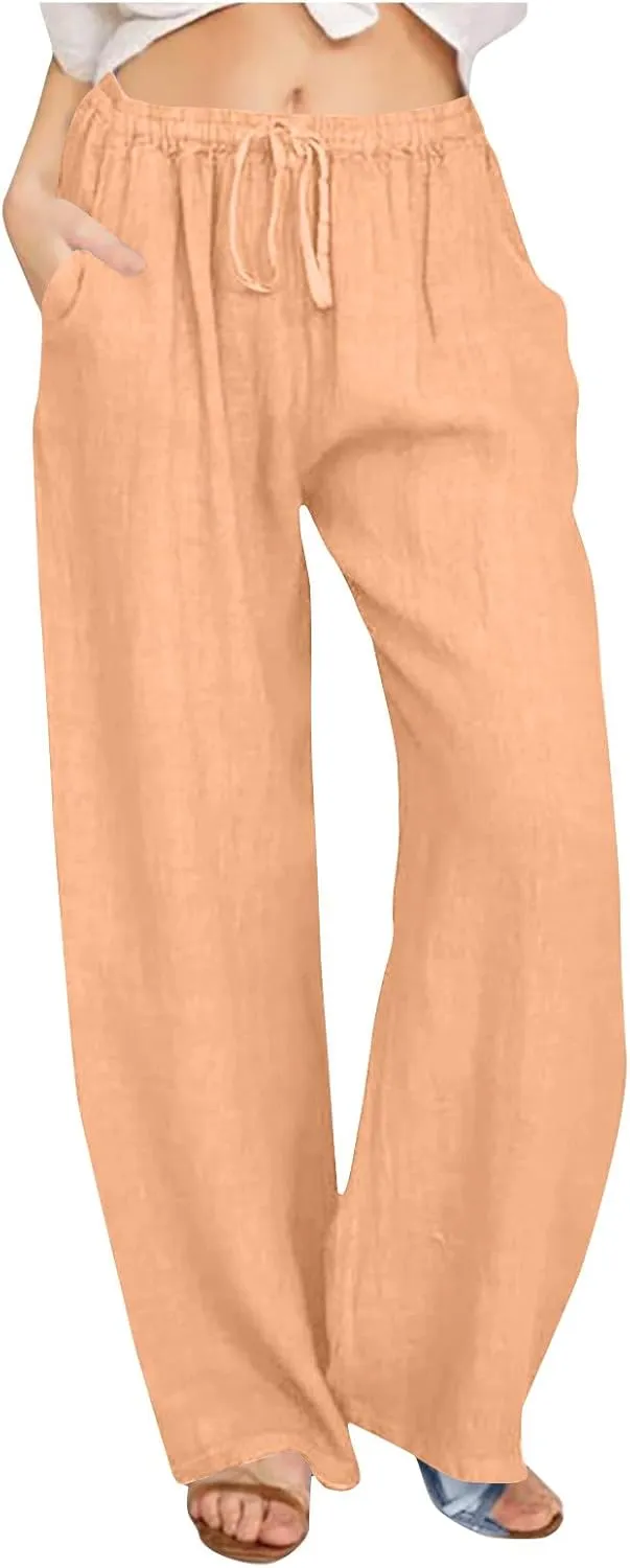 Cotton Linen Pants for Women Summer Loose Straight Leg Drawstring Trousers Casual Elastic Waist Long Pant with Pocket