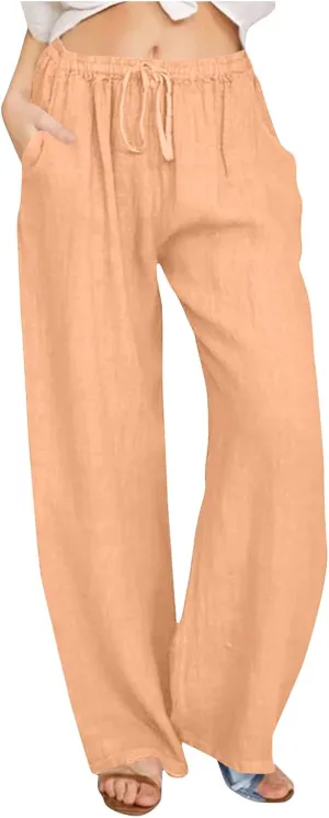 Cotton Linen Pants for Women Summer Loose Straight Leg Drawstring Trousers Casual Elastic Waist Long Pant with Pocket