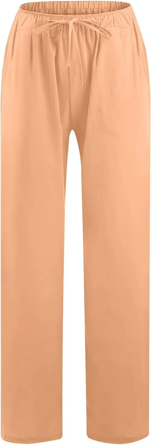Cotton Linen Pants for Women Summer Loose Straight Leg Drawstring Trousers Casual Elastic Waist Long Pant with Pocket