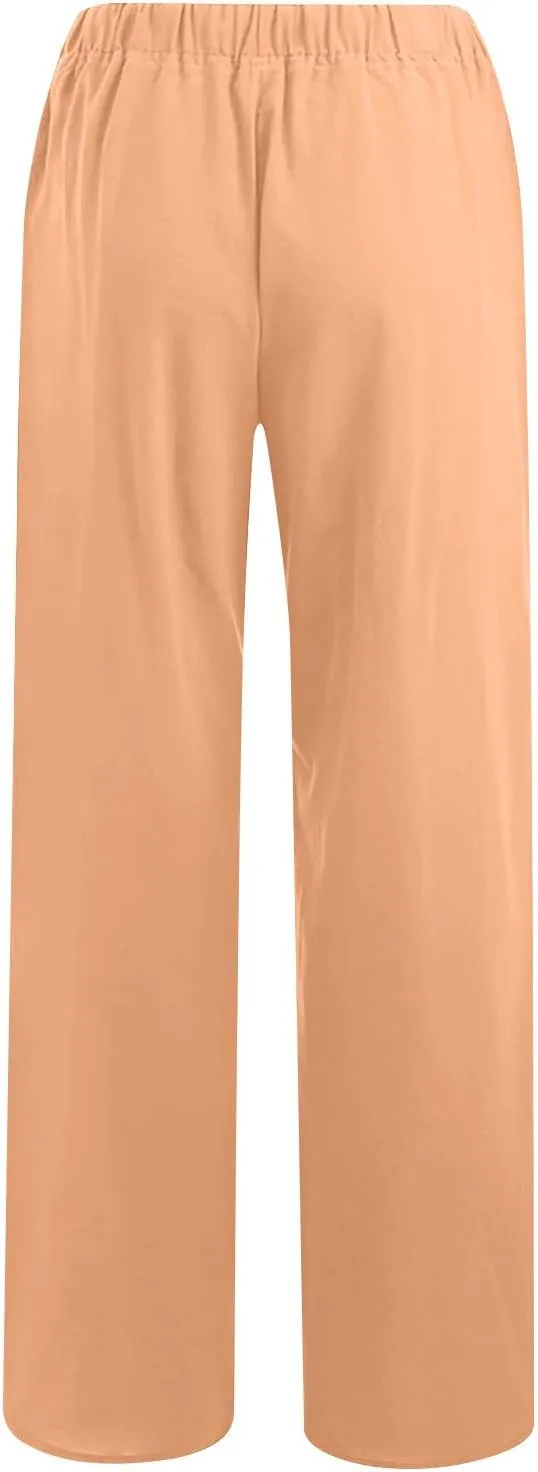 Cotton Linen Pants for Women Summer Loose Straight Leg Drawstring Trousers Casual Elastic Waist Long Pant with Pocket