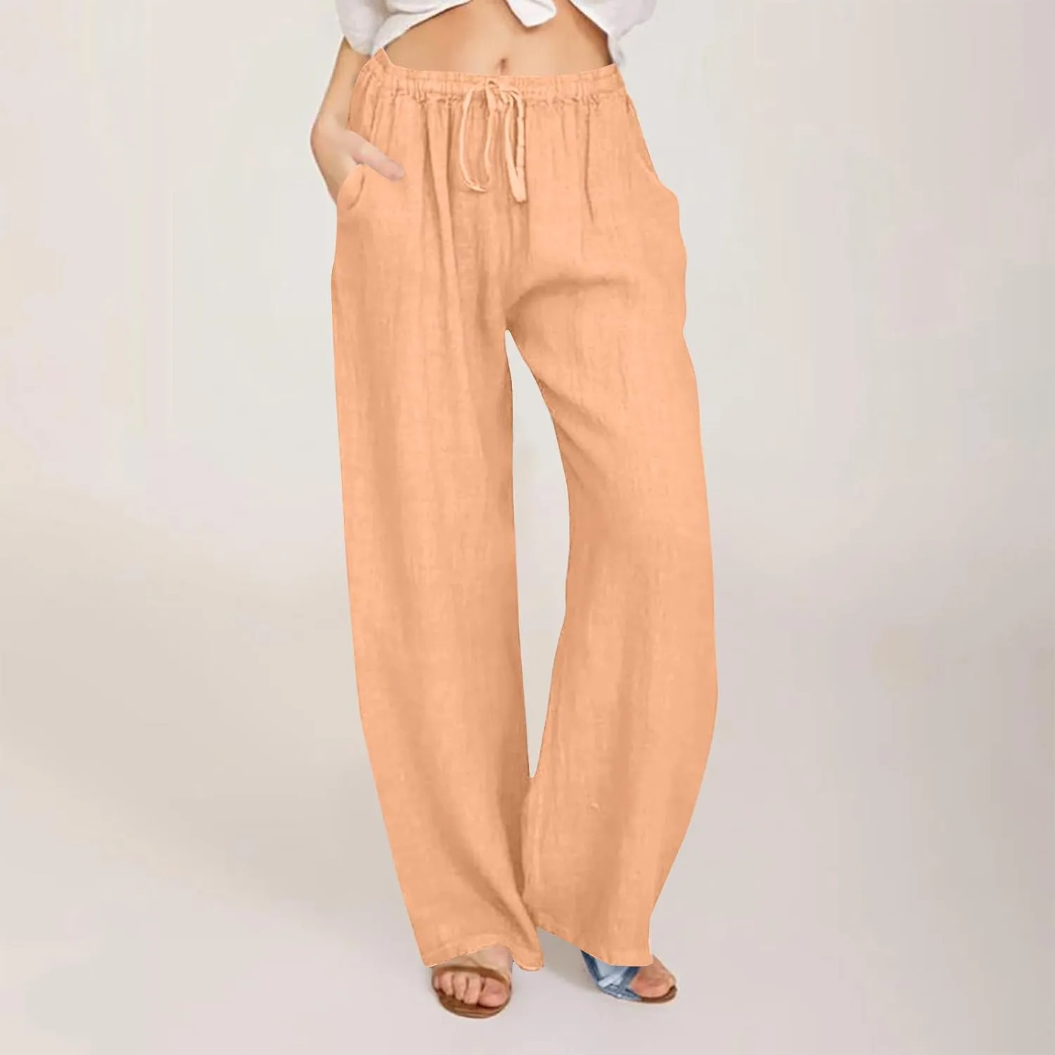 Cotton Linen Pants for Women Summer Loose Straight Leg Drawstring Trousers Casual Elastic Waist Long Pant with Pocket