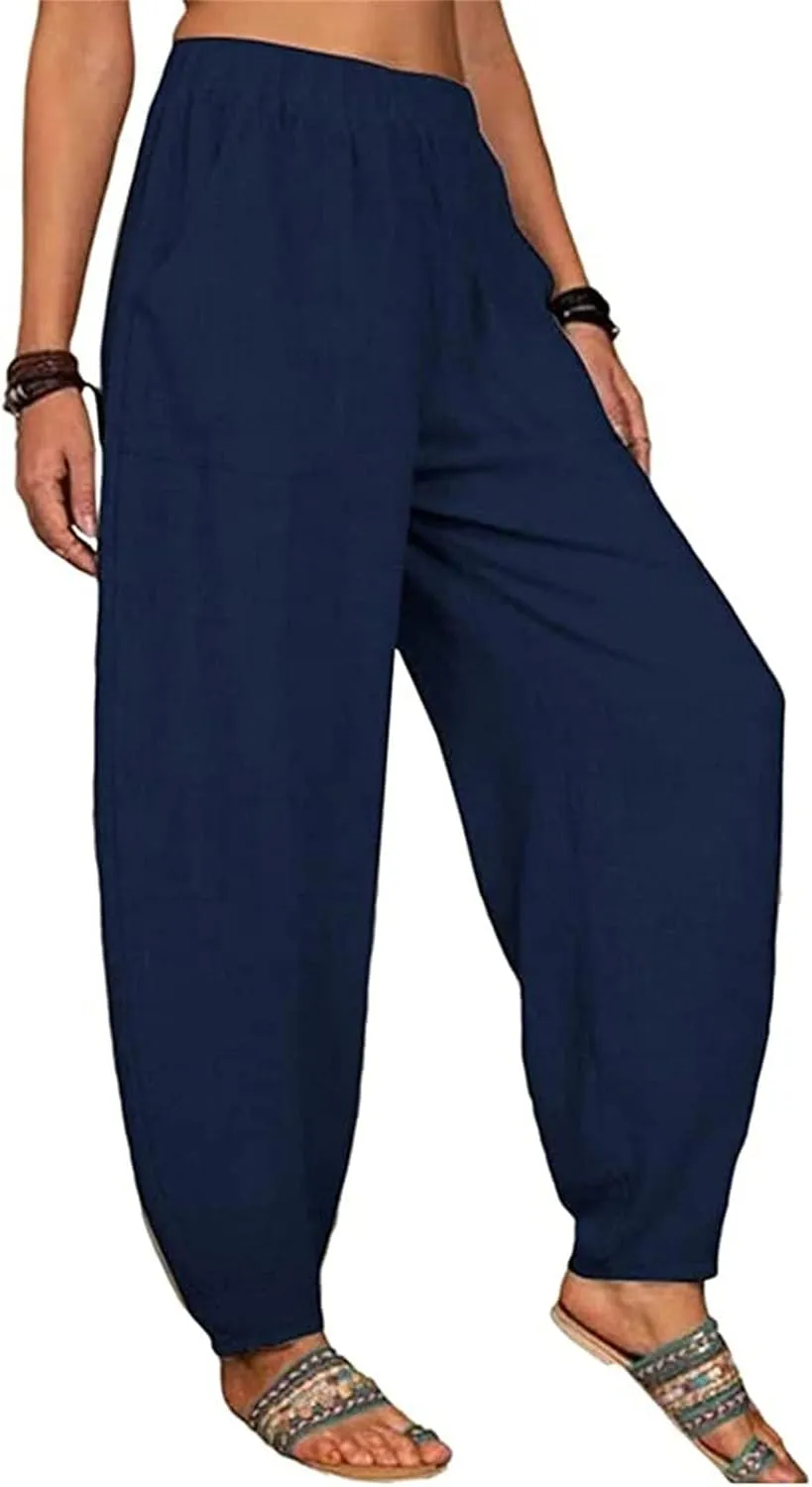 Cotton Linen Pants Womens Summer Harem Capris Pants Loose Fit Beach Yoga Pants High Elastic Waist Long Trousers with Pockets