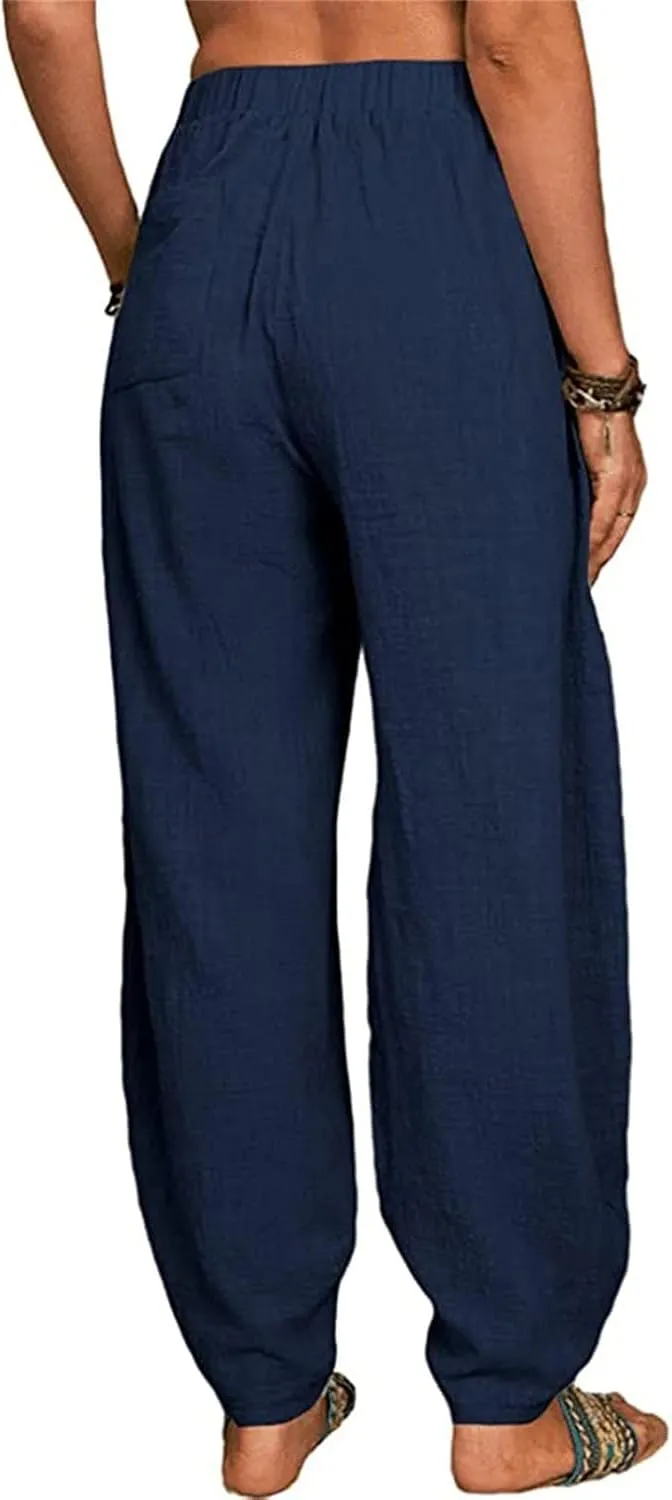 Cotton Linen Pants Womens Summer Harem Capris Pants Loose Fit Beach Yoga Pants High Elastic Waist Long Trousers with Pockets