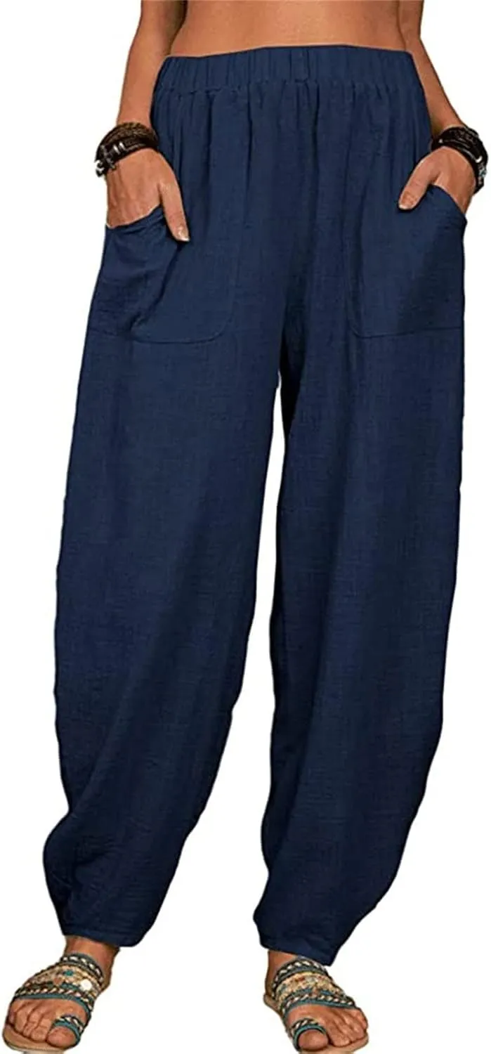 Cotton Linen Pants Womens Summer Harem Capris Pants Loose Fit Beach Yoga Pants High Elastic Waist Long Trousers with Pockets