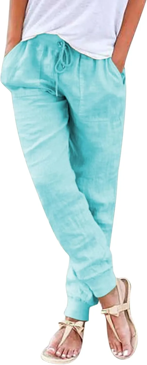 Cotton Linen Summer Pants for Women 2024 Elastic Waist Loose Fit Straight Leg Crop Pants Beach Trousers with Pockets