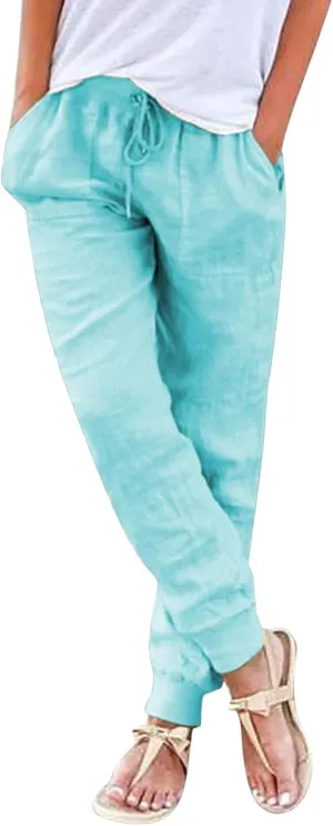Cotton Linen Summer Pants for Women 2024 Elastic Waist Loose Fit Straight Leg Crop Pants Beach Trousers with Pockets