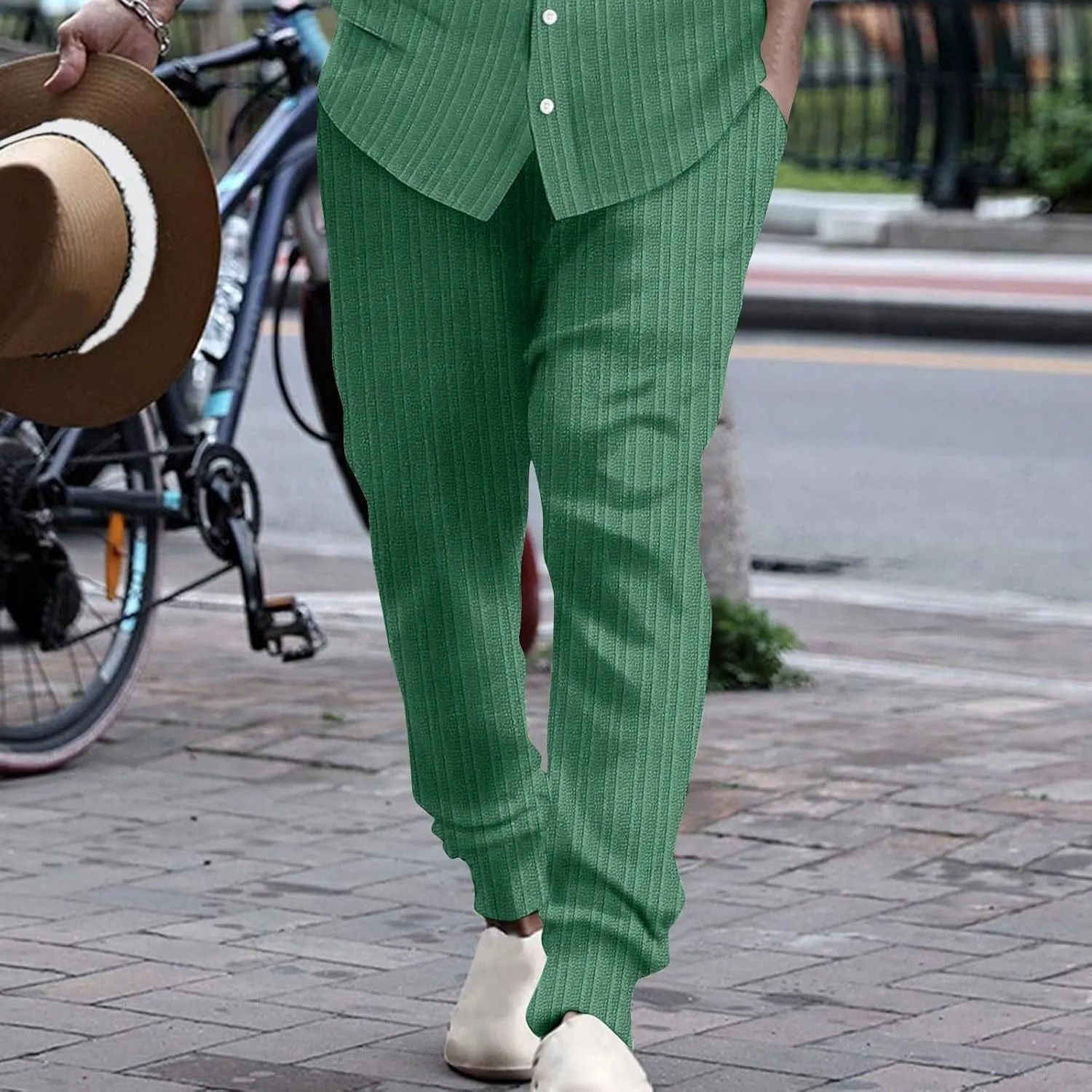 Cotton Stripe Linen Pants Men Dressy Casual Trousers Slim Fit Lounge Pants Trendy Tapered Pants Breathable Pants