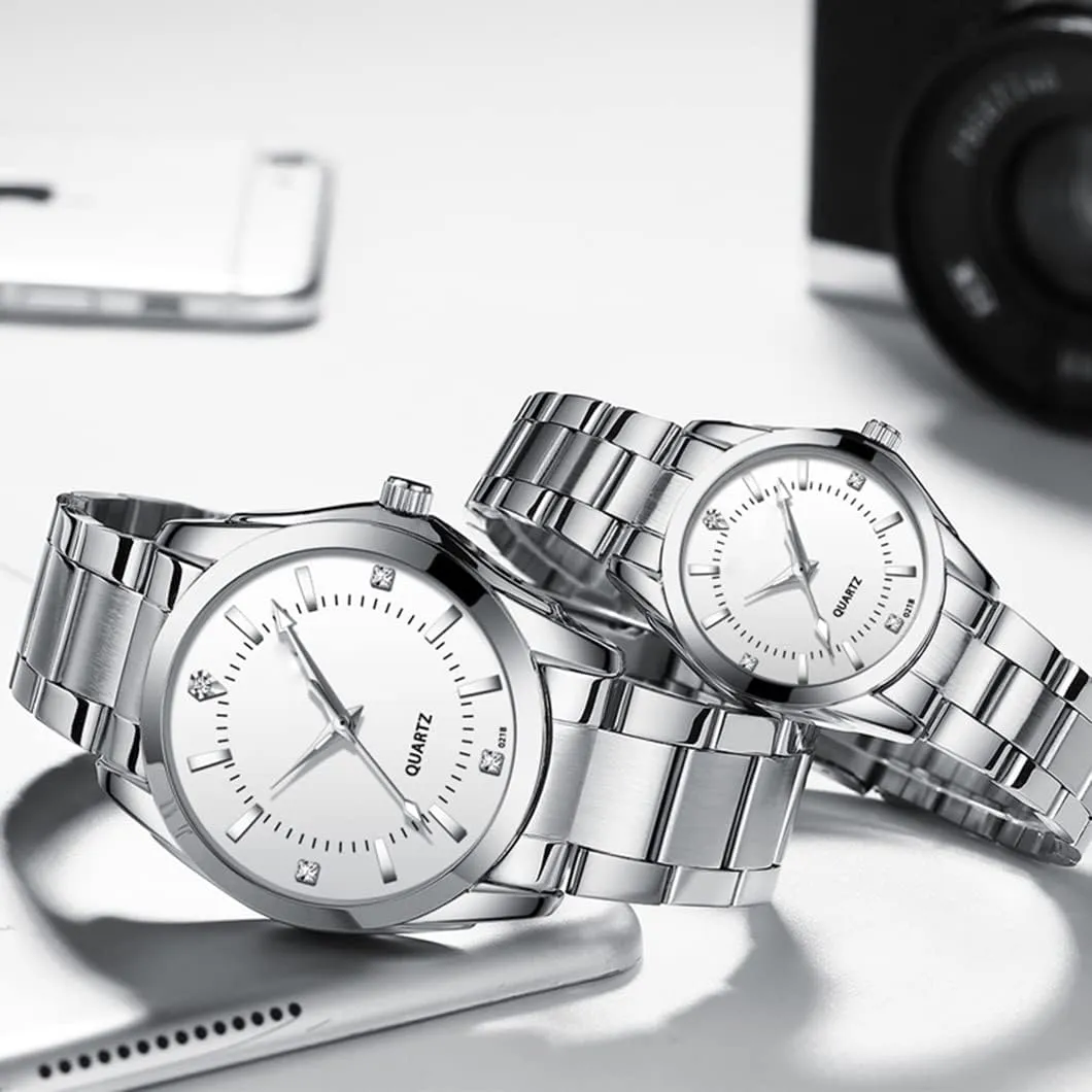 Couple Watches Fashion Silver Stainless Steel Pair Watches Men and Women Matching Quartz Wrist Watches Gifts Set of 2