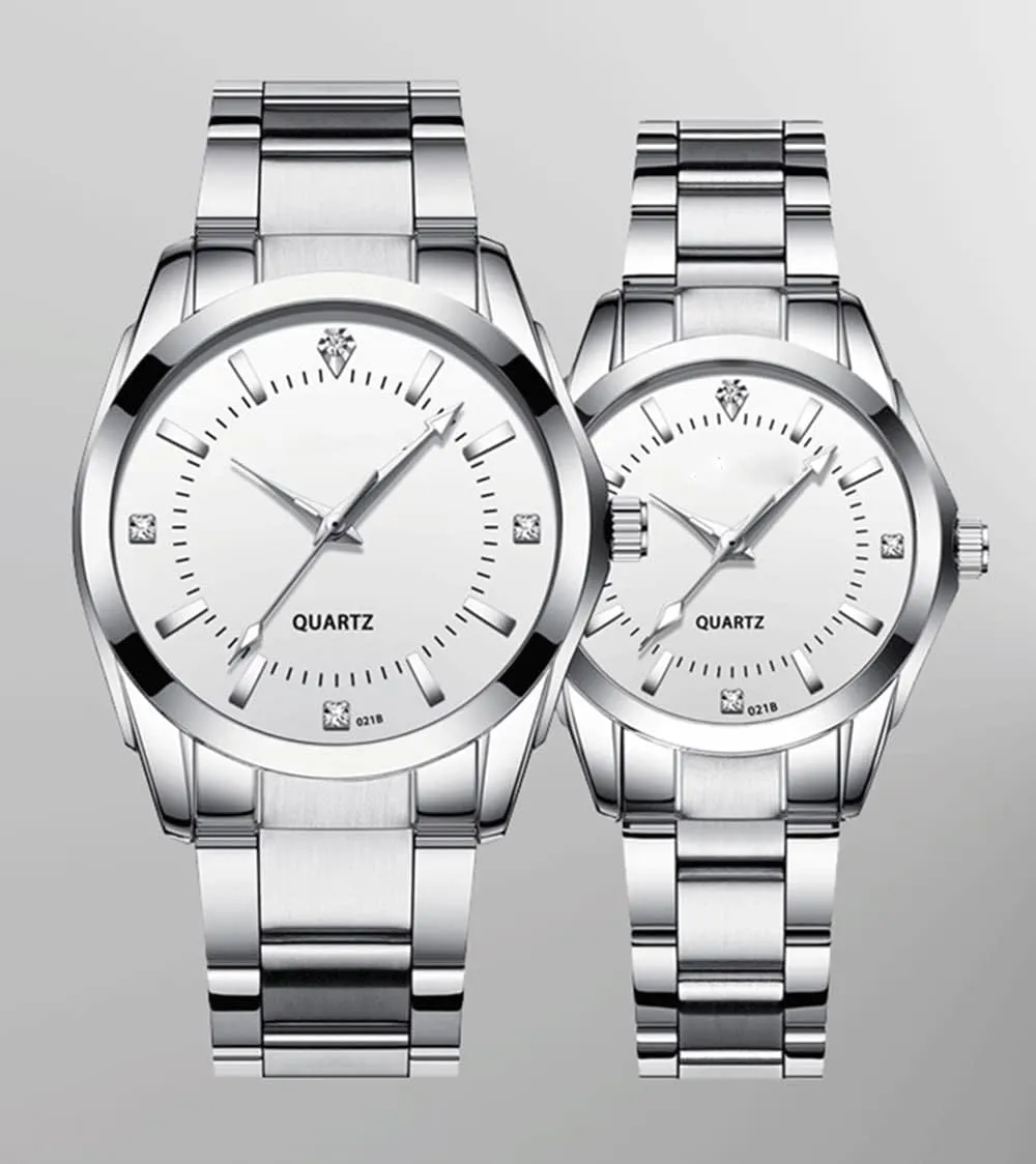 Couple Watches Fashion Silver Stainless Steel Pair Watches Men and Women Matching Quartz Wrist Watches Gifts Set of 2