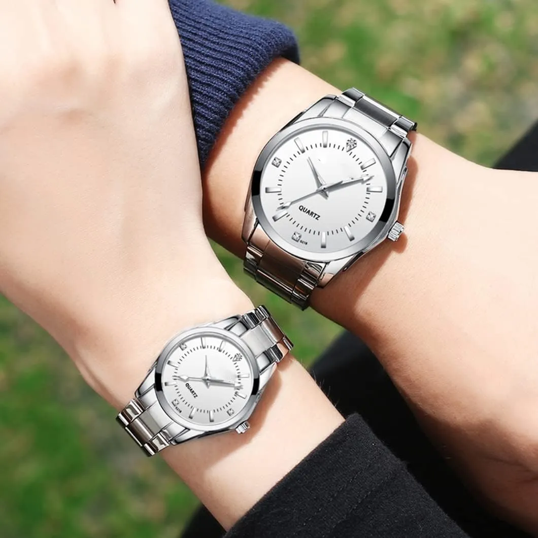 Couple Watches Fashion Silver Stainless Steel Pair Watches Men and Women Matching Quartz Wrist Watches Gifts Set of 2