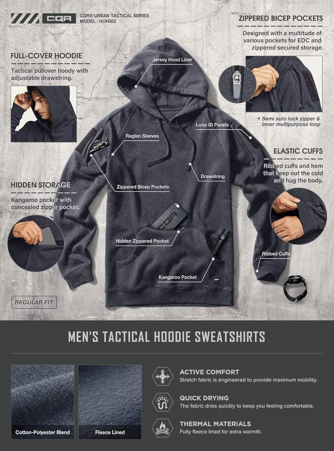 CQR Men's Winter Fleece Pullover Hoodies, Thermal Long Sleeve Hooded Sweatshirt, Cotton-Blend Outdoor/Tactical Shirts