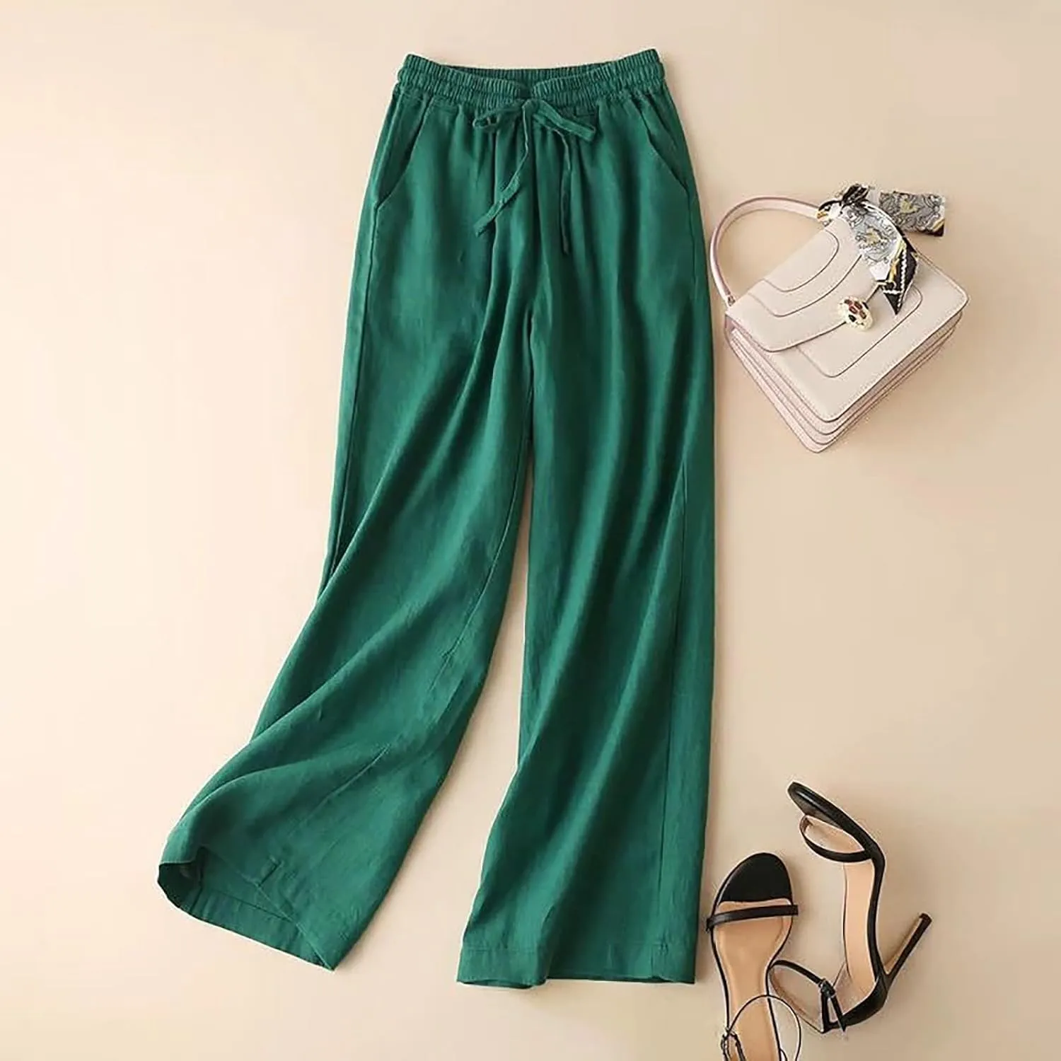 CRNTCEM Loose Fit Beach Pants for Women Stretch Pull On Wide Leg Trousers Lounge Sports Yoga Pants Straight Leg Work Trouser