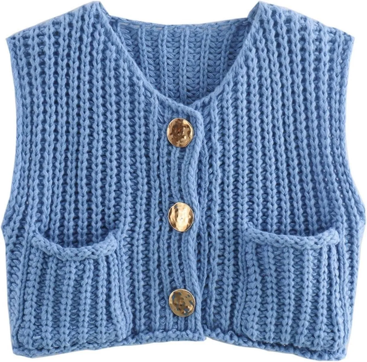 Crochet Vest for Women Chunky Knit Cardigan Cropped Sweater Vest Casual Sleeveless Button Down Vest Top with Pockets