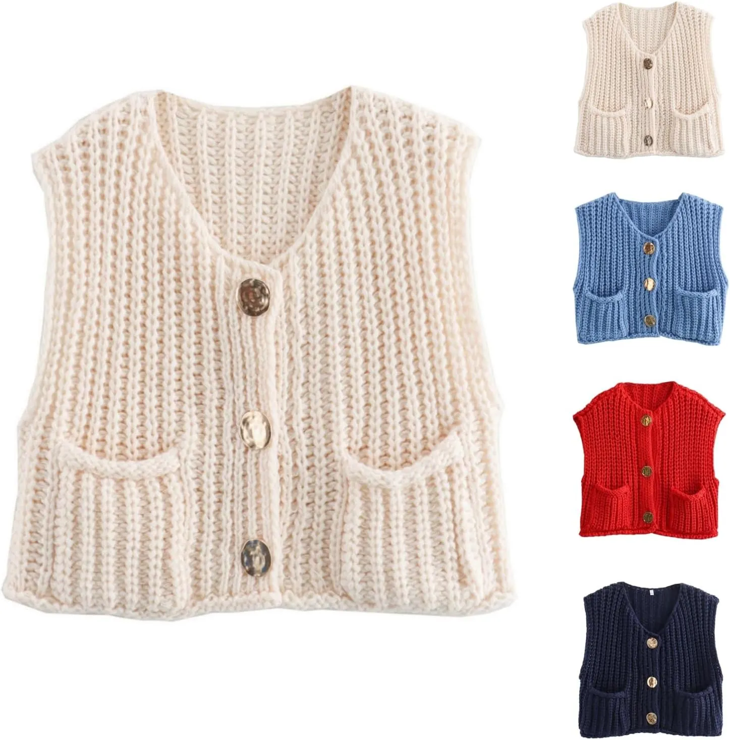 Crochet Vest for Women Chunky Knit Cardigan Cropped Sweater Vest Casual Sleeveless Button Down Vest Top with Pockets