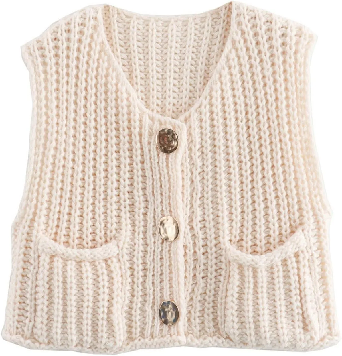 Crochet Vest for Women Chunky Knit Cardigan Cropped Sweater Vest Casual Sleeveless Button Down Vest Top with Pockets