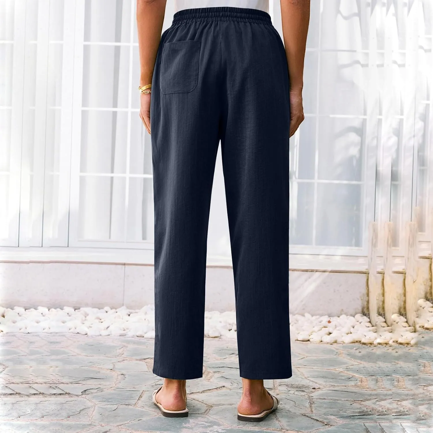 Cropped Linen Pants Women Summer Elastic Drawstring Waist Tapered Straight Leg Crop Pants Casual Beach Ankle Trousers