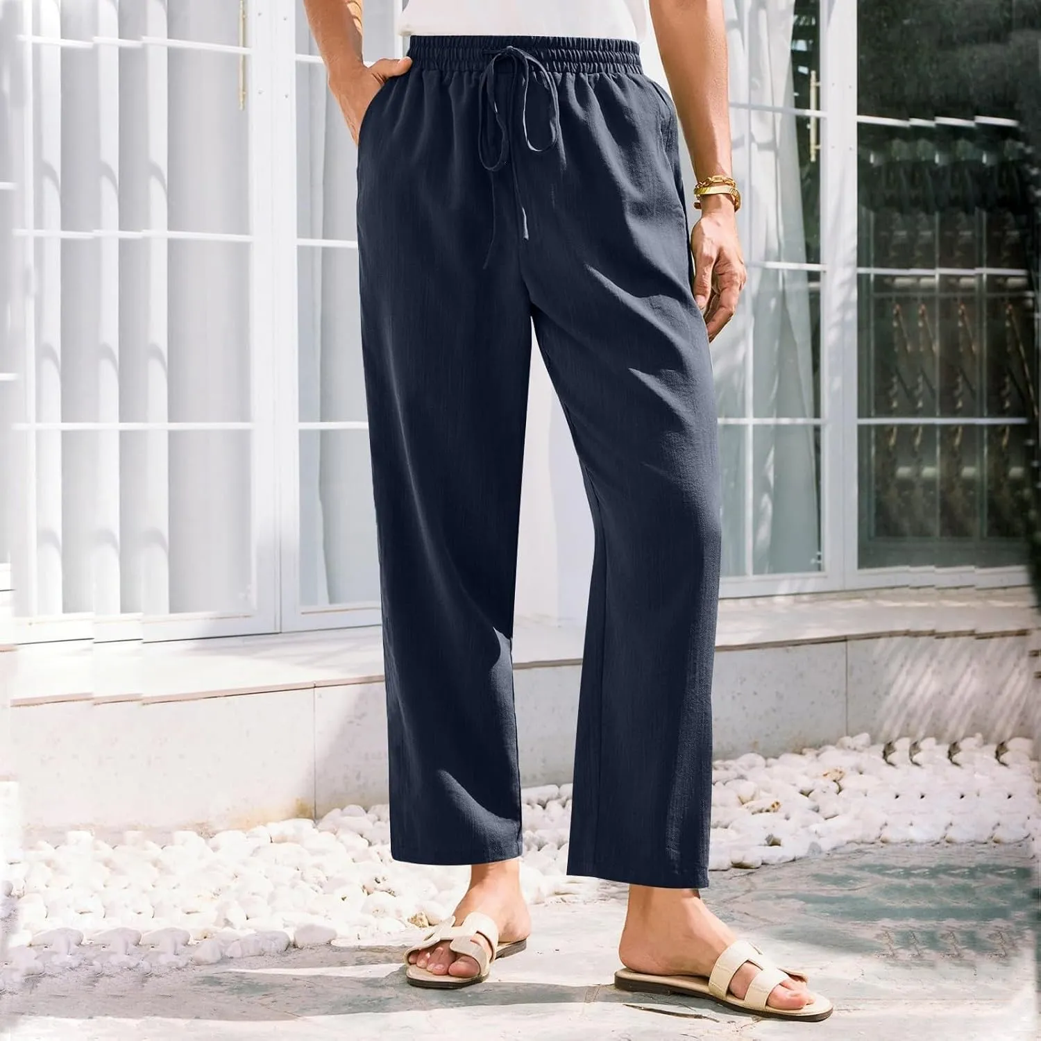 Cropped Linen Pants Women Summer Elastic Drawstring Waist Tapered Straight Leg Crop Pants Casual Beach Ankle Trousers