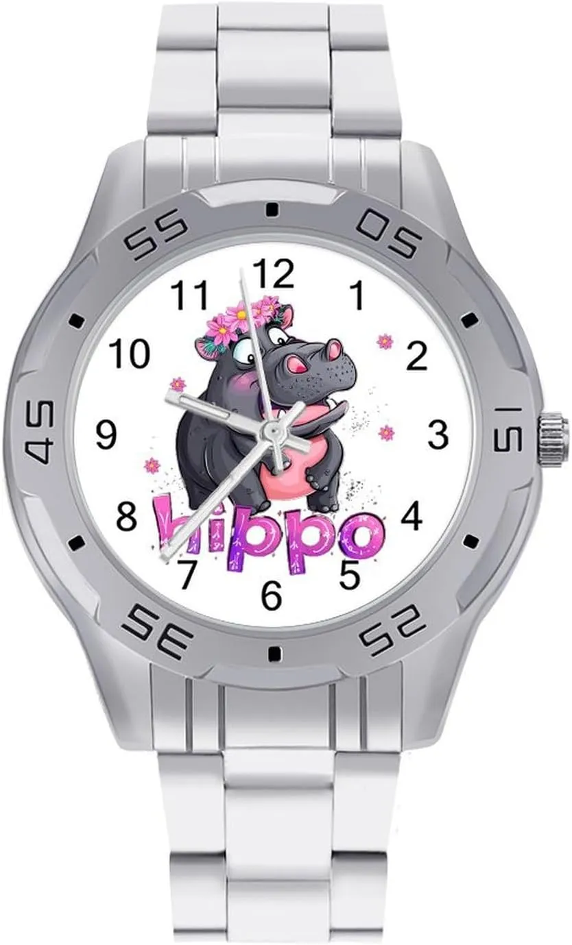 Cute Hippo Men's Business Watch Fashion Stainless Steel Wristwatches Custom Easy Read Watches for Women
