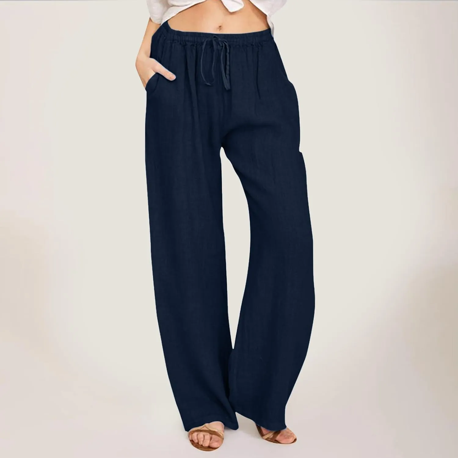 Cute Summer Pants For Women 2024 High Waist Business Pants Linen Wide Leg Sweatpants Palazzo Trouser with Pocket