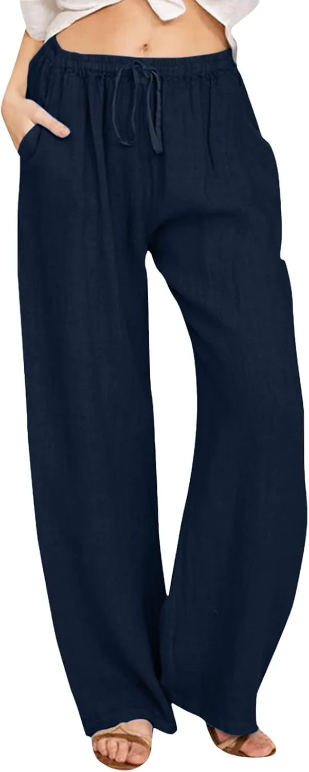 Cute Summer Pants For Women 2024 High Waist Business Pants Linen Wide Leg Sweatpants Palazzo Trouser with Pocket